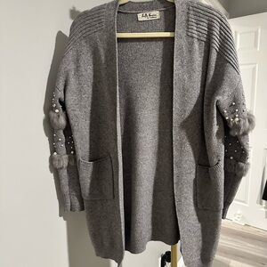 Gray Women's Cardigan with Faux Fur and Pearl Accents